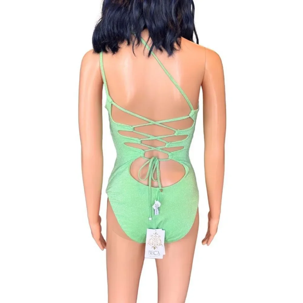 NWT BECCA Glimmer Shoulder One Piece Swimsuit Sparkly Lime Green Cutout Small
